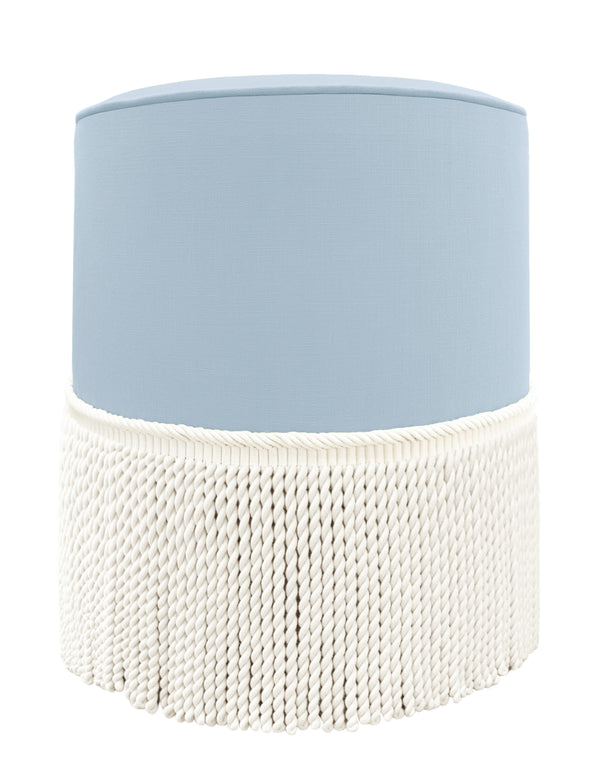 THE TIGHT ROUND OTTOMAN :: CLASSIC LINEN // POWDER BLUE + BULLION FRINGE
