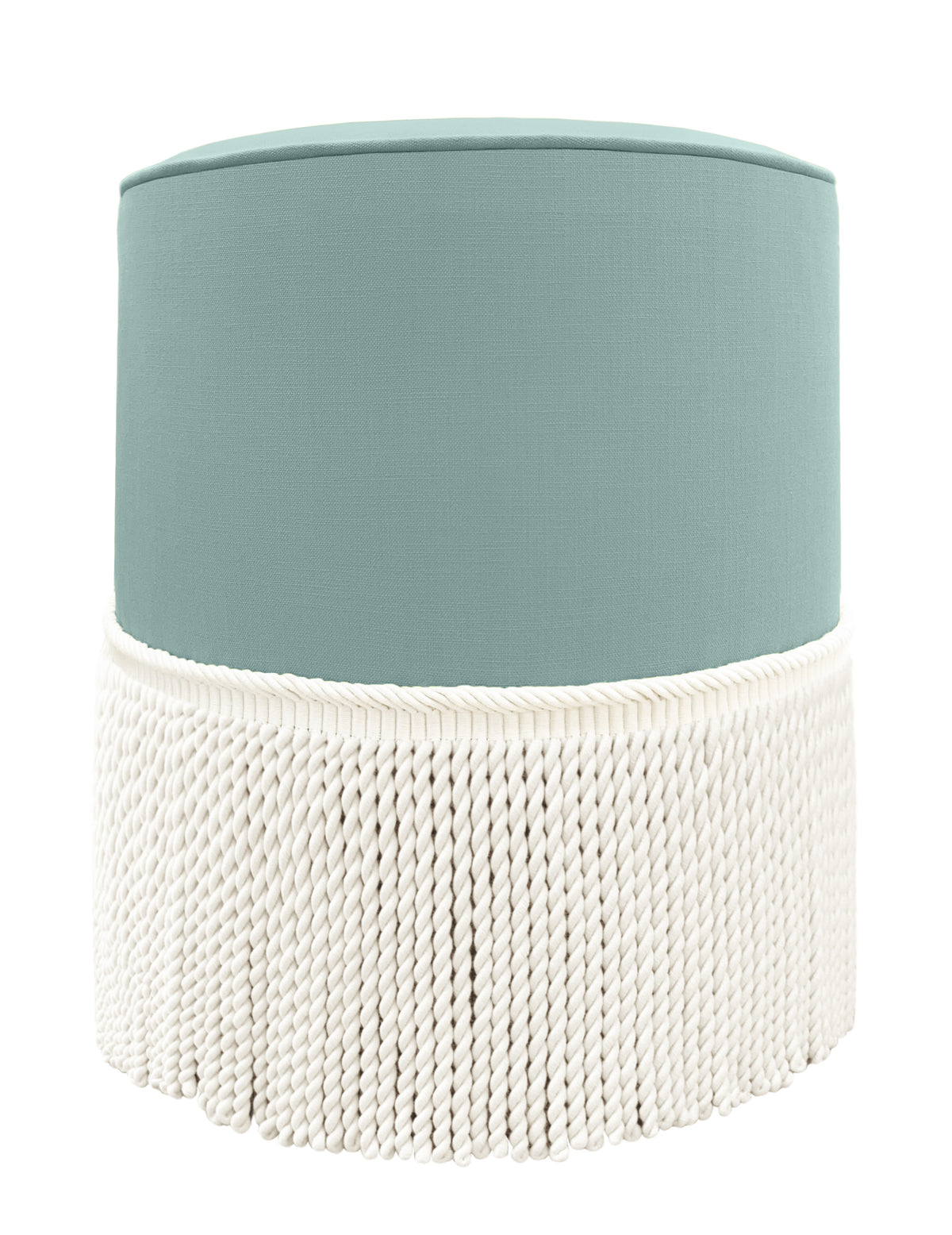 THE TIGHT ROUND OTTOMAN :: CLASSIC LINEN // SPA BLUE + BULLION FRINGE