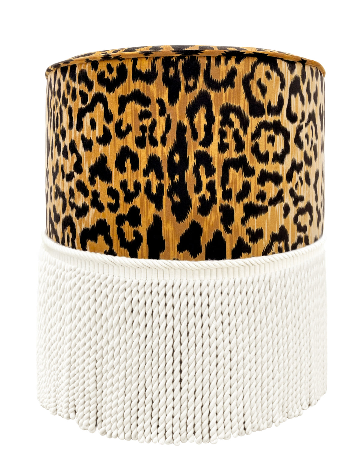 THE TIGHT ROUND OTTOMAN :: LEOPARD VELVET + BULLION FRINGE
