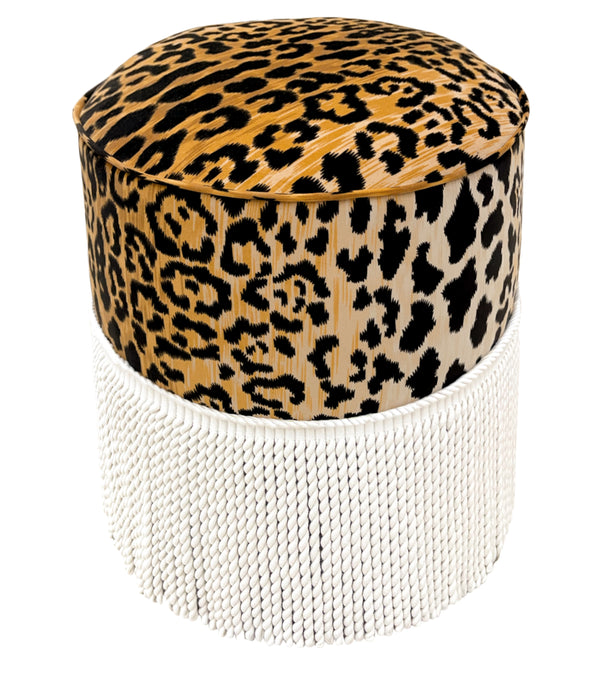 THE TIGHT ROUND OTTOMAN :: LEOPARD VELVET + BULLION FRINGE