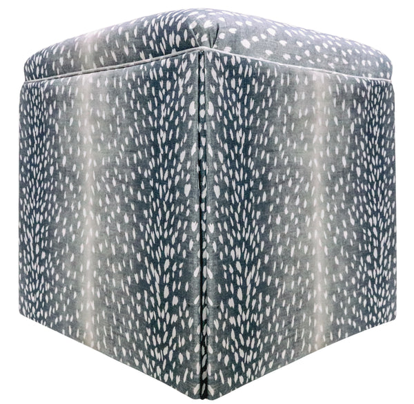 THE SKIRTED OTTOMAN :: ANTELOPE LINEN PRINT // NAVY BLUE