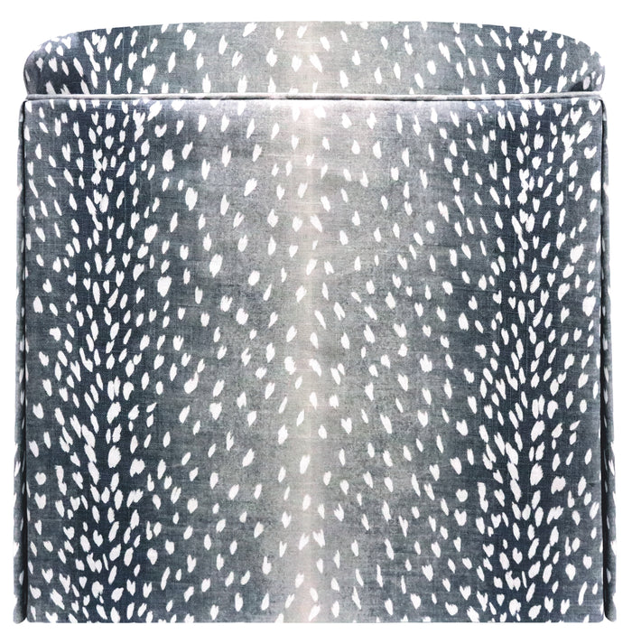 THE SKIRTED OTTOMAN :: ANTELOPE LINEN PRINT // NAVY BLUE