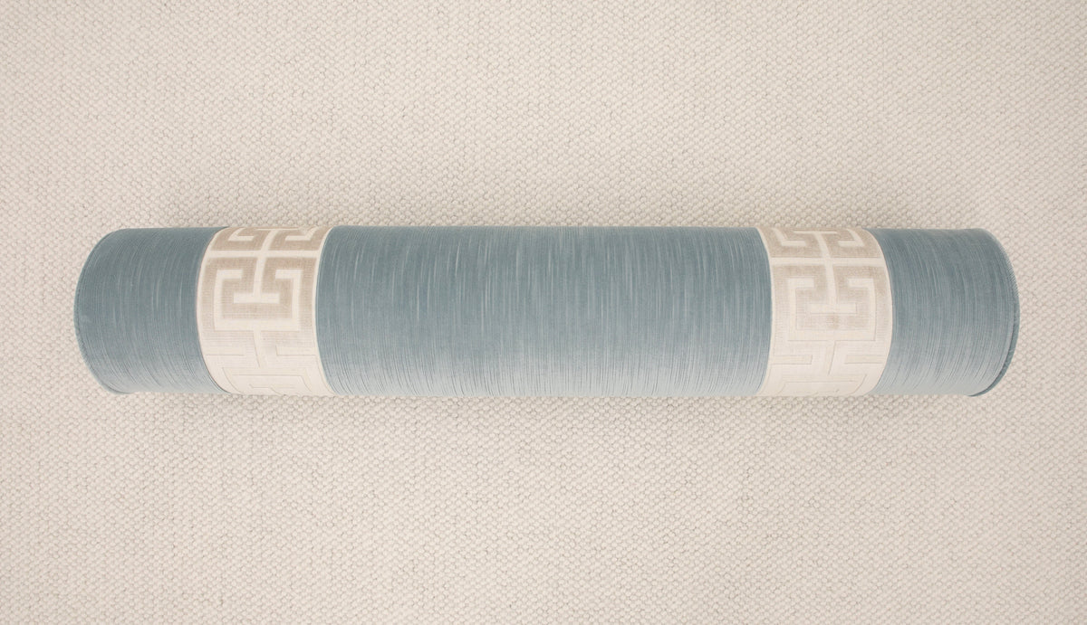9" X 48" BOLSTER : STRIE VELVET // CERULEAN BLUE + CASHMERE GREEK TRIM | SUMMER SALE