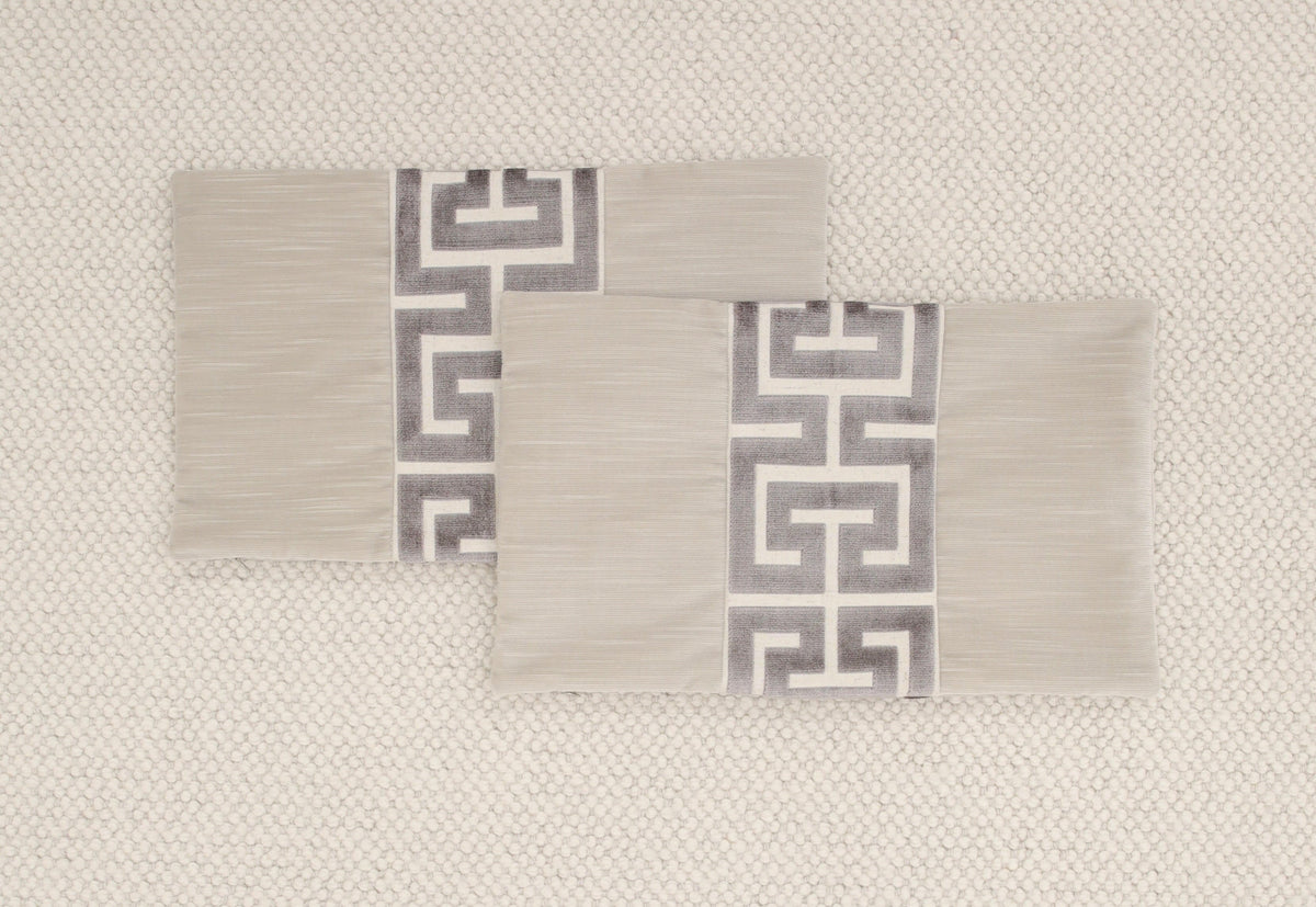 PAIR OF 12" X 18" LITTLE LUMBAR : STRIE VELVET // OYSTER + GRAPHITE GREEK TRIM | SUMMER SALE