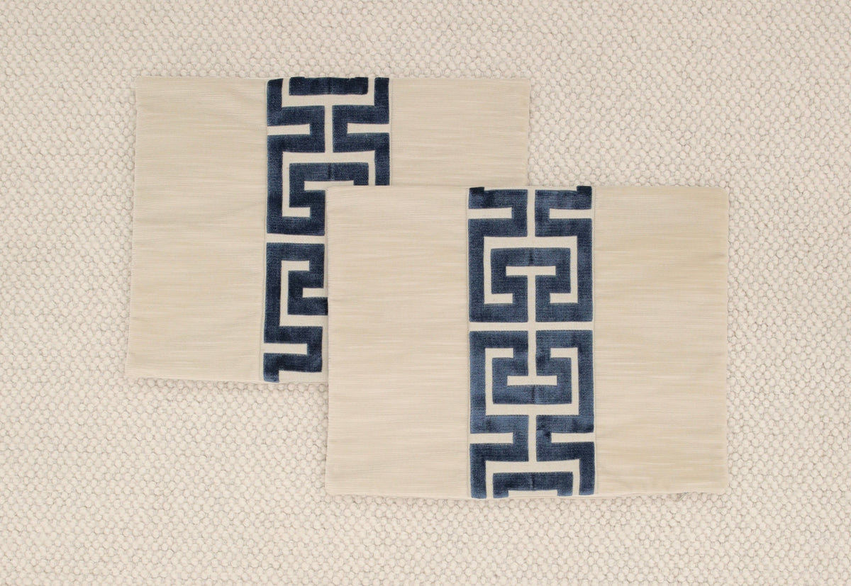 PAIR OF 14" X 18" LITTLE LUMBAR : STRIE VELVET // CASHMERE + NAVY GREEK TRIM | SUMMER SALE