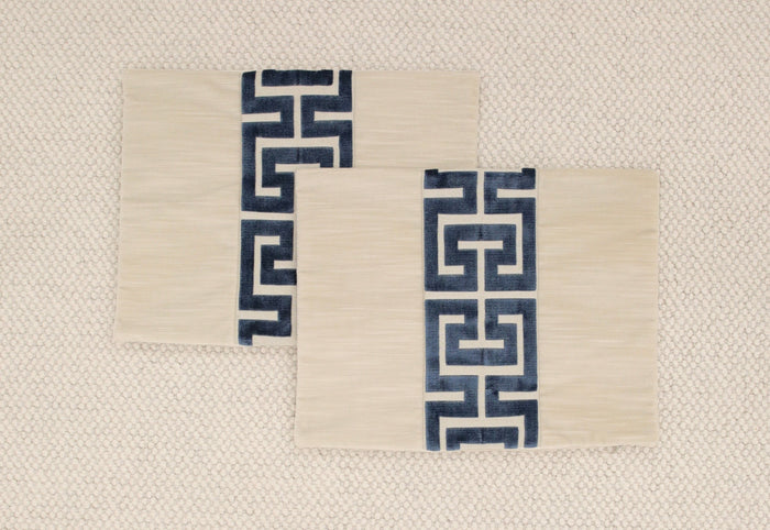 PAIR OF 14" X 18" LITTLE LUMBAR : STRIE VELVET // CASHMERE + NAVY GREEK TRIM | SUMMER SALE