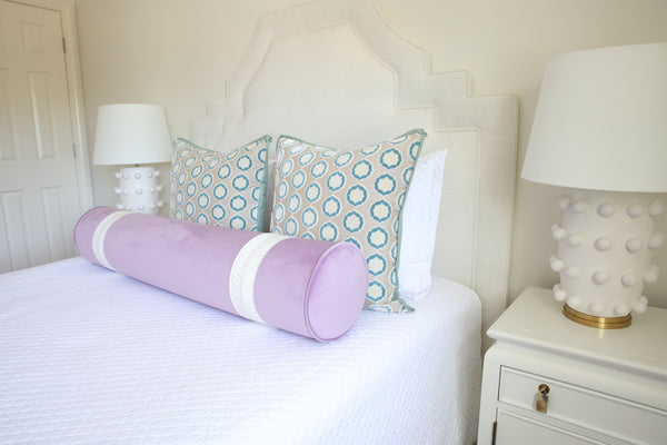 9" X 48" BOLSTER : MELROSE VELVET // LAVENDER + TRELLIS TRIM // BONE [SPRING SALE]