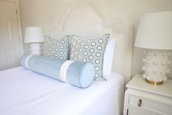 9" X 48" BOLSTER : MELROSE VELVET // MIST WITH TRELLIS TRIM | SUMMER SALE
