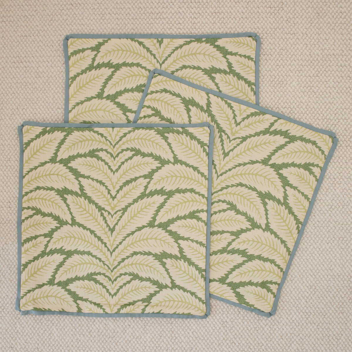 SET OF 3 22" TALAVERA LINEN // LEAF + SPA BLUE REVERSE & BUTTERFLY FLANGE | BRUNSCHWIG & FILS