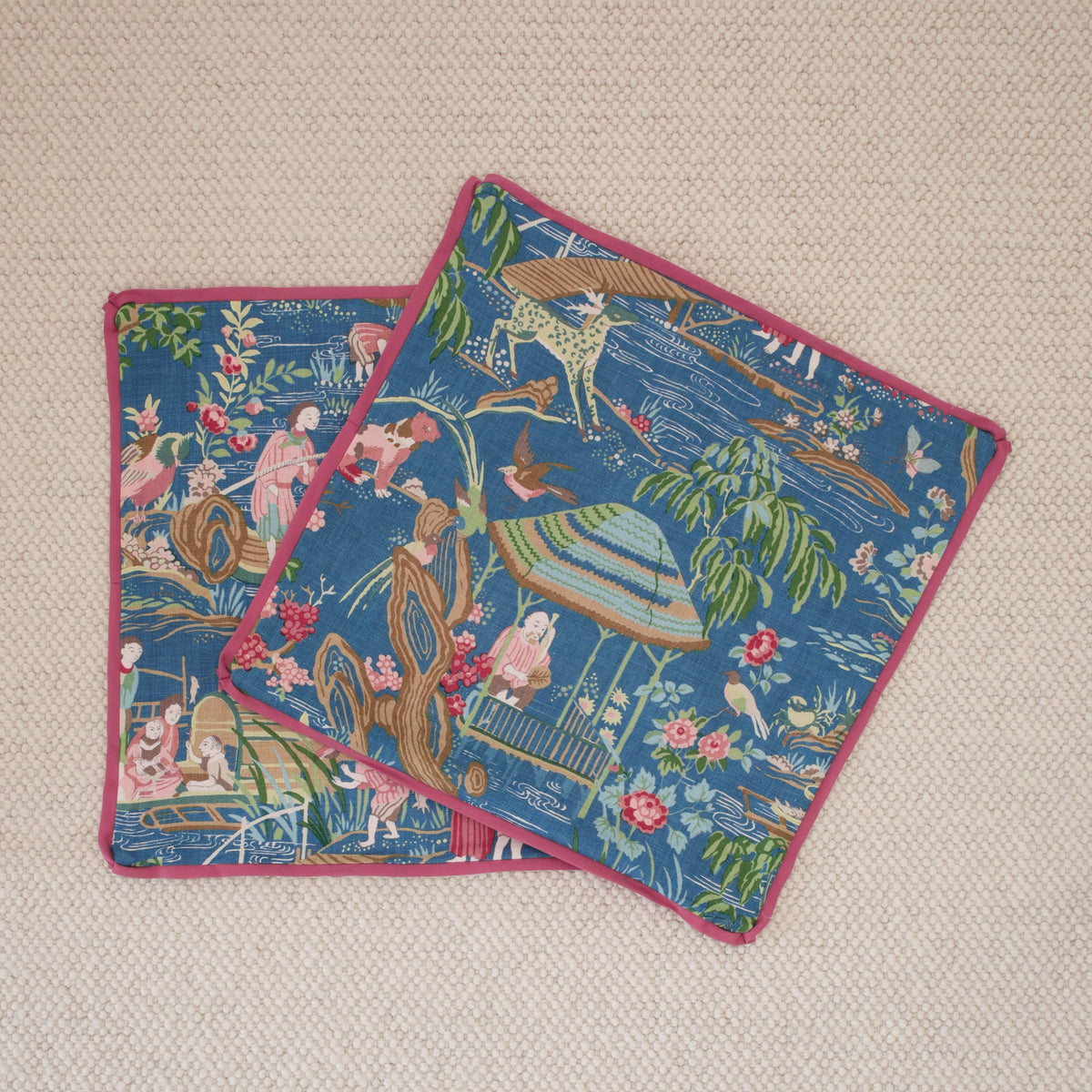 PAIR OF 22" YANGTZE RIVER // PEACOCK + ROSE PINK REVERSE & BUTTERFLY FLANGE | SCHUMACHER
