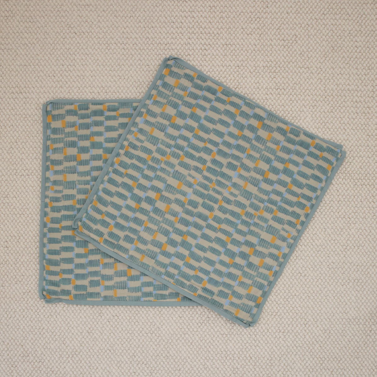 PAIR OF 22" HASHBLOCKS // KHAKI BLUE + SPA BLUE REVERSE & BUTTERFLY FLANGE | TEIL TEXTILES