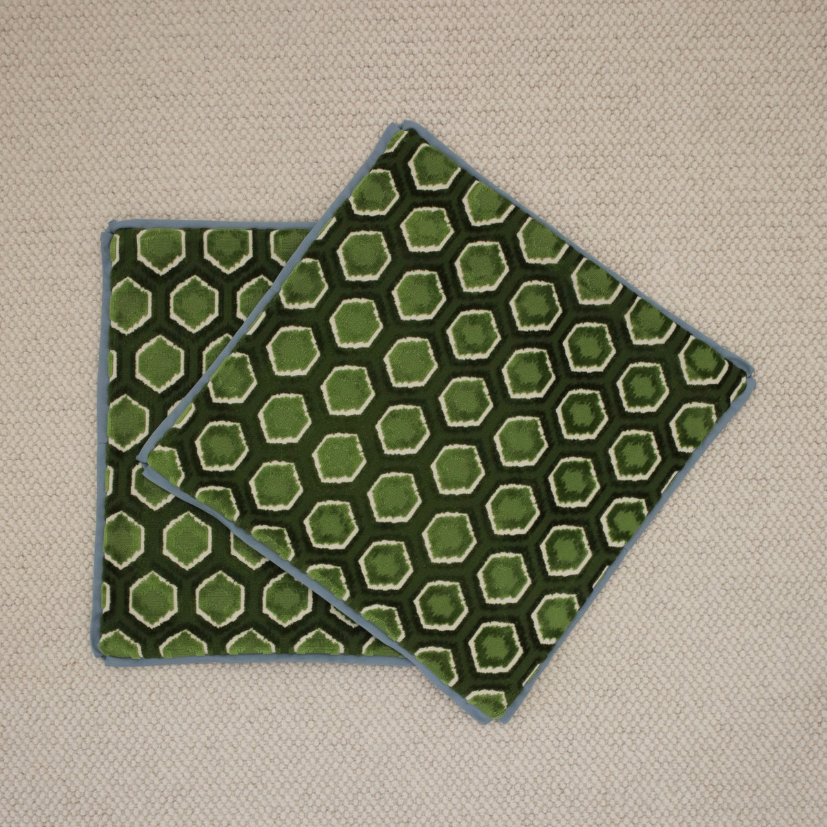 PAIR OF 22" MIA CUT VELVET // OLIVE + HYDRANGEA BLUE REVERSE & BUTTERFLY FLANGE