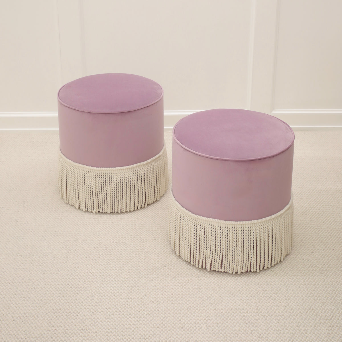 PAIR OF TIGHT ROUND OTTOMANS : MELROSE VELVET // LAVENDER + BULLION FRINGE