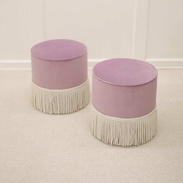 PAIR OF TIGHT ROUND OTTOMANS : MELROSE VELVET // LAVENDER + BULLION FRINGE