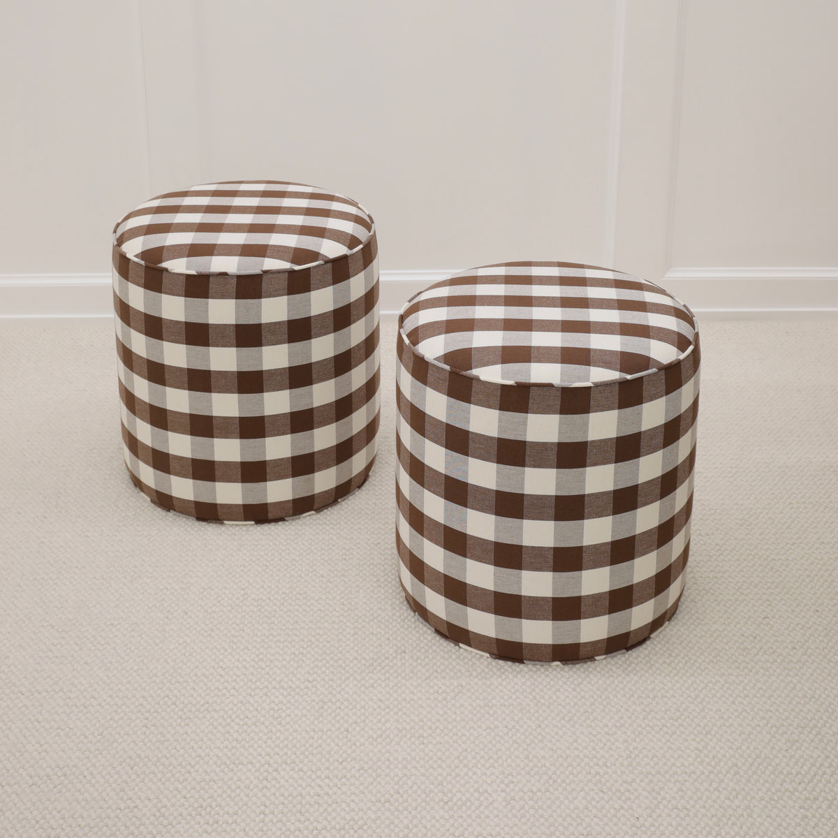 PAIR OF TIGHT ROUND OTTOMANS : CHARLESTON CHECK // CHOCOLATE