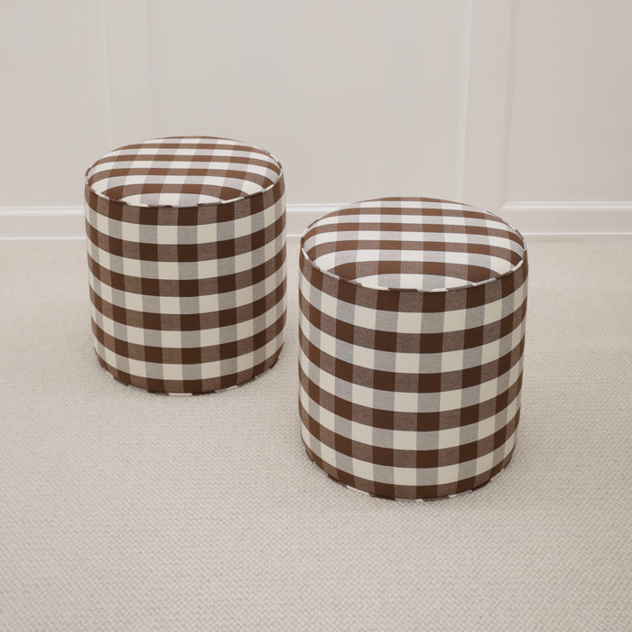 PAIR OF TIGHT ROUND OTTOMANS : CHARLESTON CHECK // CHOCOLATE