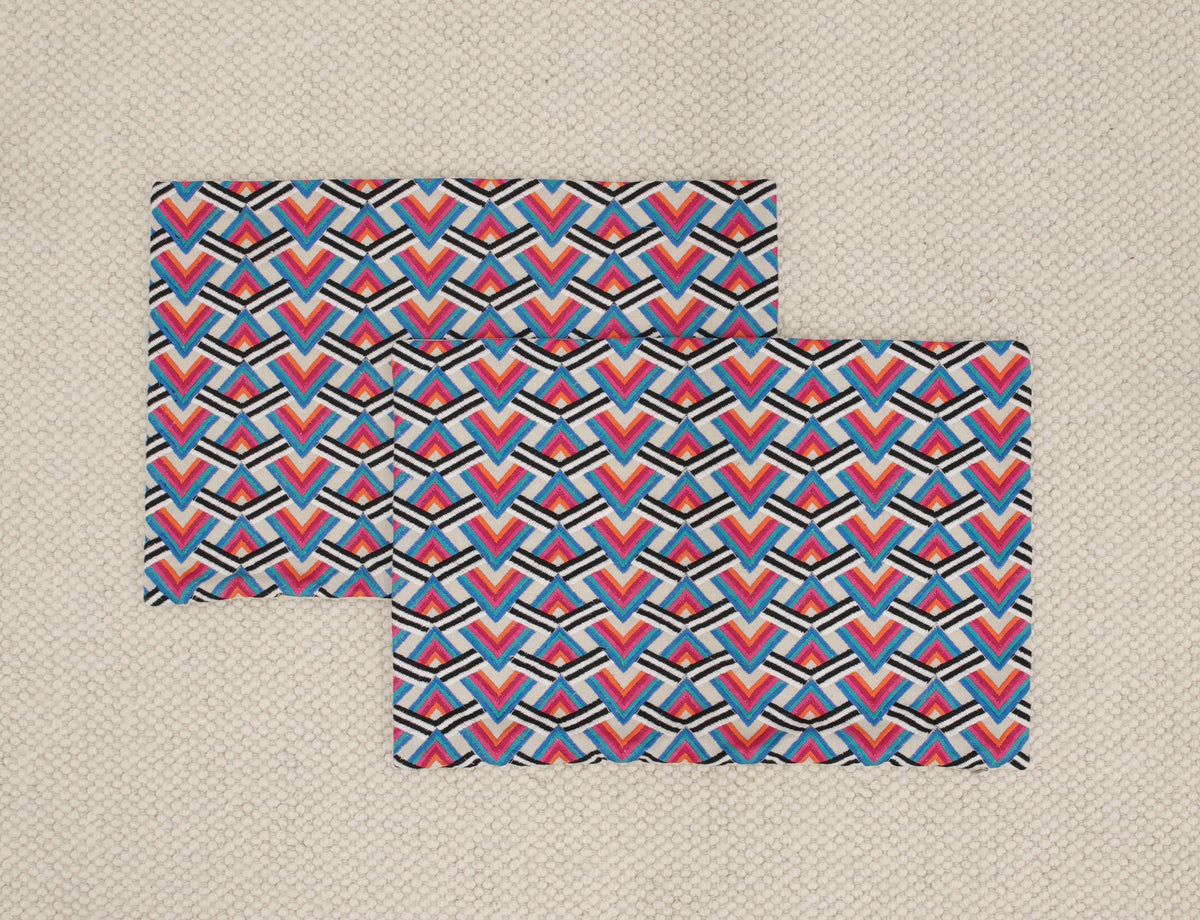 PAIR OF 15" X 22" EMBROIDERED GEOMETRIC LUMBARS // MULTICOLOR + NATURAL REVERSE | SUMMER SALE