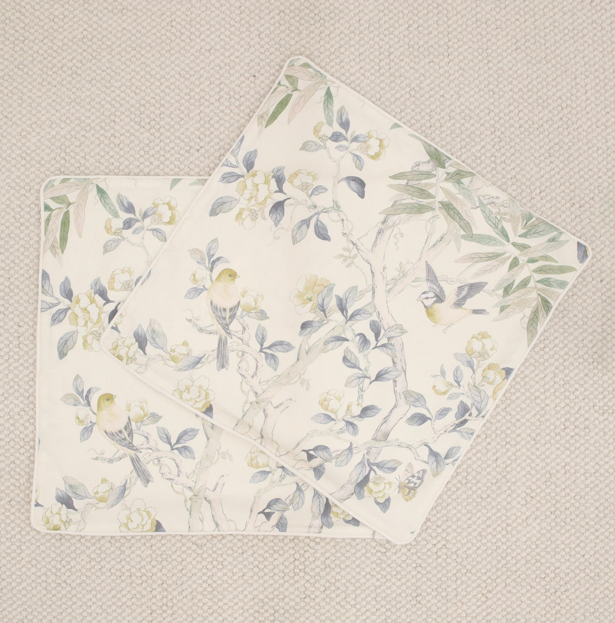 PAIR OF 22" X 22" IMPERIAL GARDEN // DELFT + CLASSIC LINEN // BONE CORDING & REVERSE | SUMMER SALE