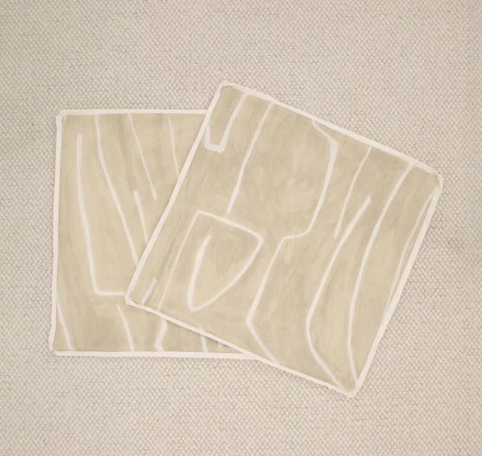 PAIR OF 22" X 22" GRAFFITO // BEIGE + IVORY WITH REVERSE & BUTTERFLY FLANGE IN BONE | KELLY WEARSTLER