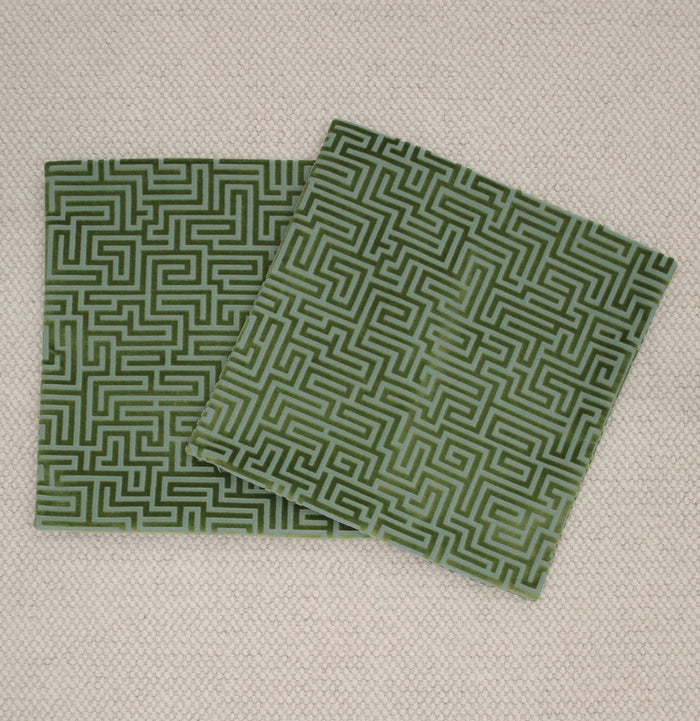 PAIR OF 20" X 20" LABYRINTH CUT VELVET // OLIVE JADE