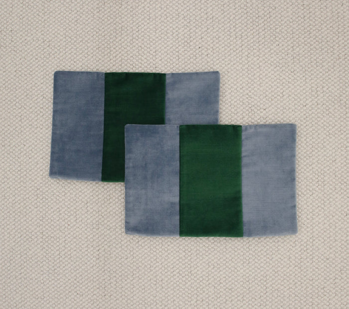 PAIR OF 12" X 18" LITTLE LUMBAR : STRIE VELVET // CHAMBRAY + MALACHITE [SUMMER SALE]