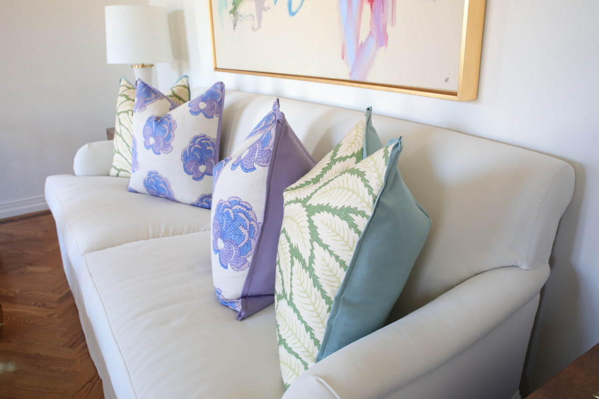 SET OF 3 22" TALAVERA LINEN // LEAF + SPA BLUE REVERSE & BUTTERFLY FLANGE | BRUNSCHWIG & FILS