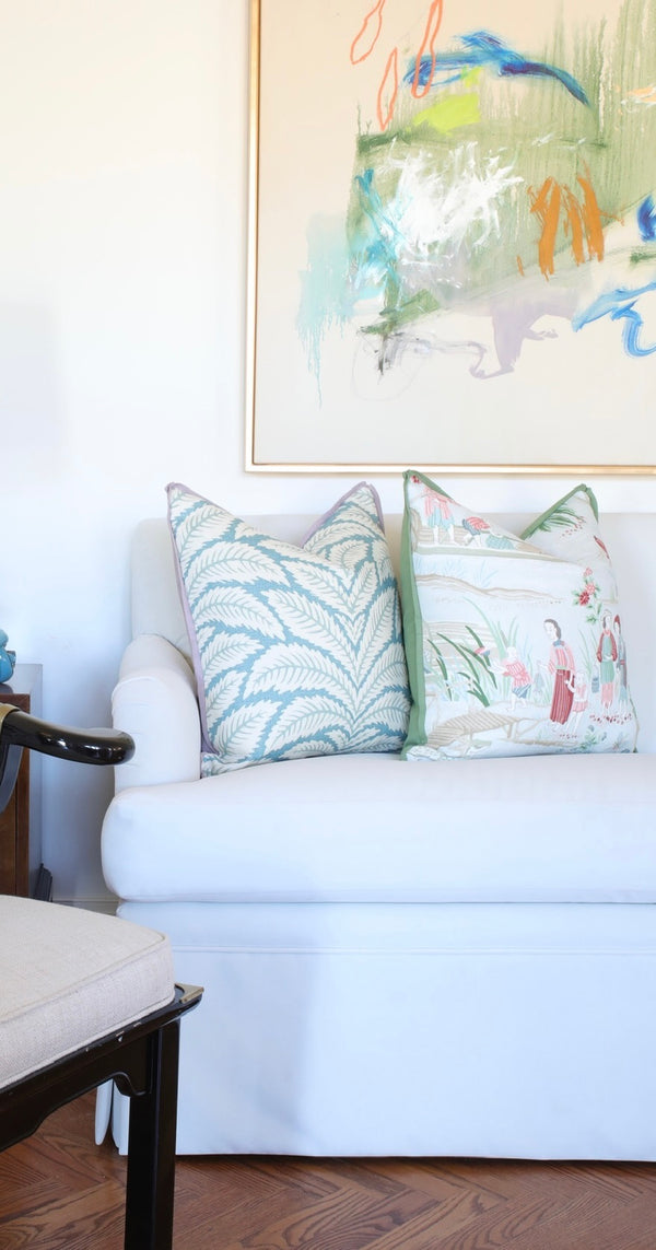 SET OF 3 20" TALAVERA LINEN // AQUA + LILAC REVERSE & BUTTERFLY FLANGE | BRUNSCHWIG & FILS
