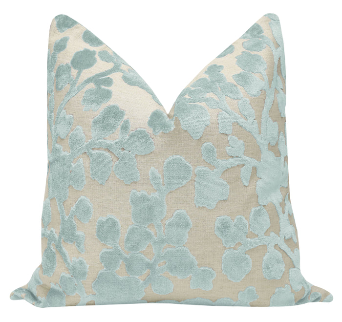 FINAL SALE : 18" X 18" BLOSSOM CUT VELVET // SPA BLUE PILLOW COVER