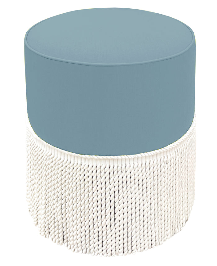 THE TIGHT ROUND OTTOMAN :: CLASSIC LINEN // HYDRANGEA BLUE + BULLION FRINGE