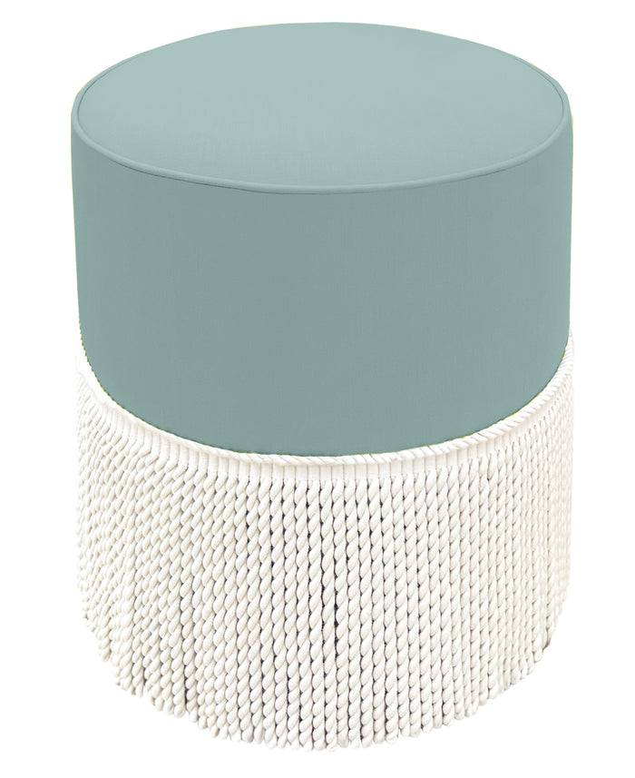 THE TIGHT ROUND OTTOMAN :: CLASSIC LINEN // SPA BLUE + BULLION FRINGE