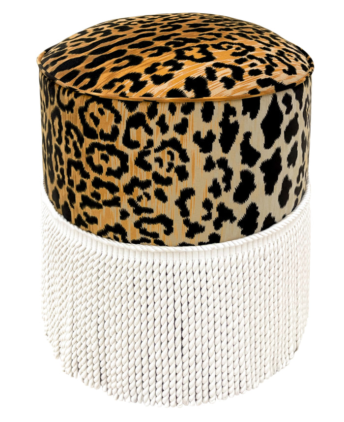 THE TIGHT ROUND OTTOMAN :: LEOPARD VELVET + BULLION FRINGE