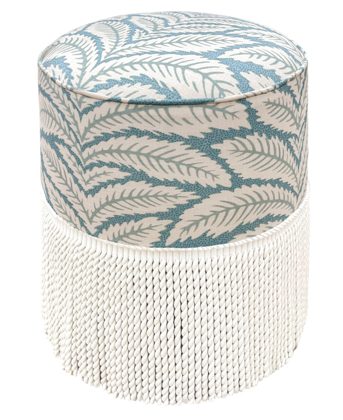 THE TIGHT ROUND OTTOMAN :: TALAVERA LINEN + BULLION FRINGE | BRUNSCHWIG + FILS