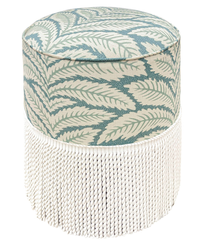 THE TIGHT ROUND OTTOMAN :: TALAVERA LINEN + BULLION FRINGE | BRUNSCHWIG + FILS