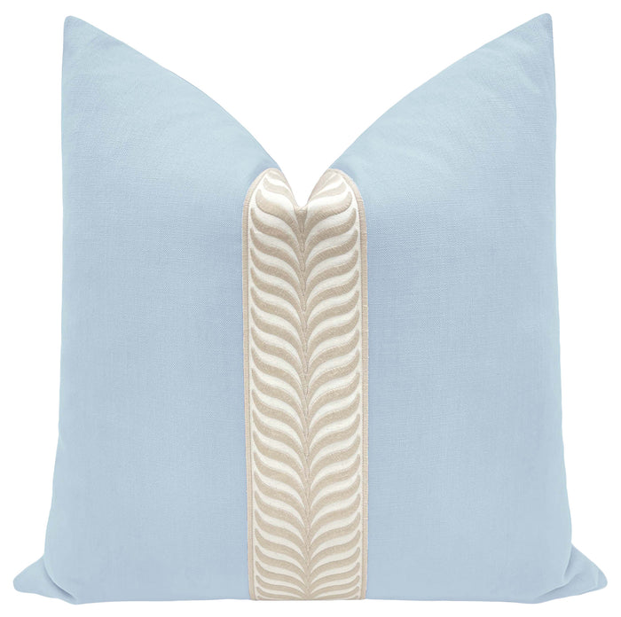 FINAL SALE : 22" X 22" CLASSIC LINEN // POWDER BLUE + TRELLIS TRIM // NATURAL PILLOW COVER