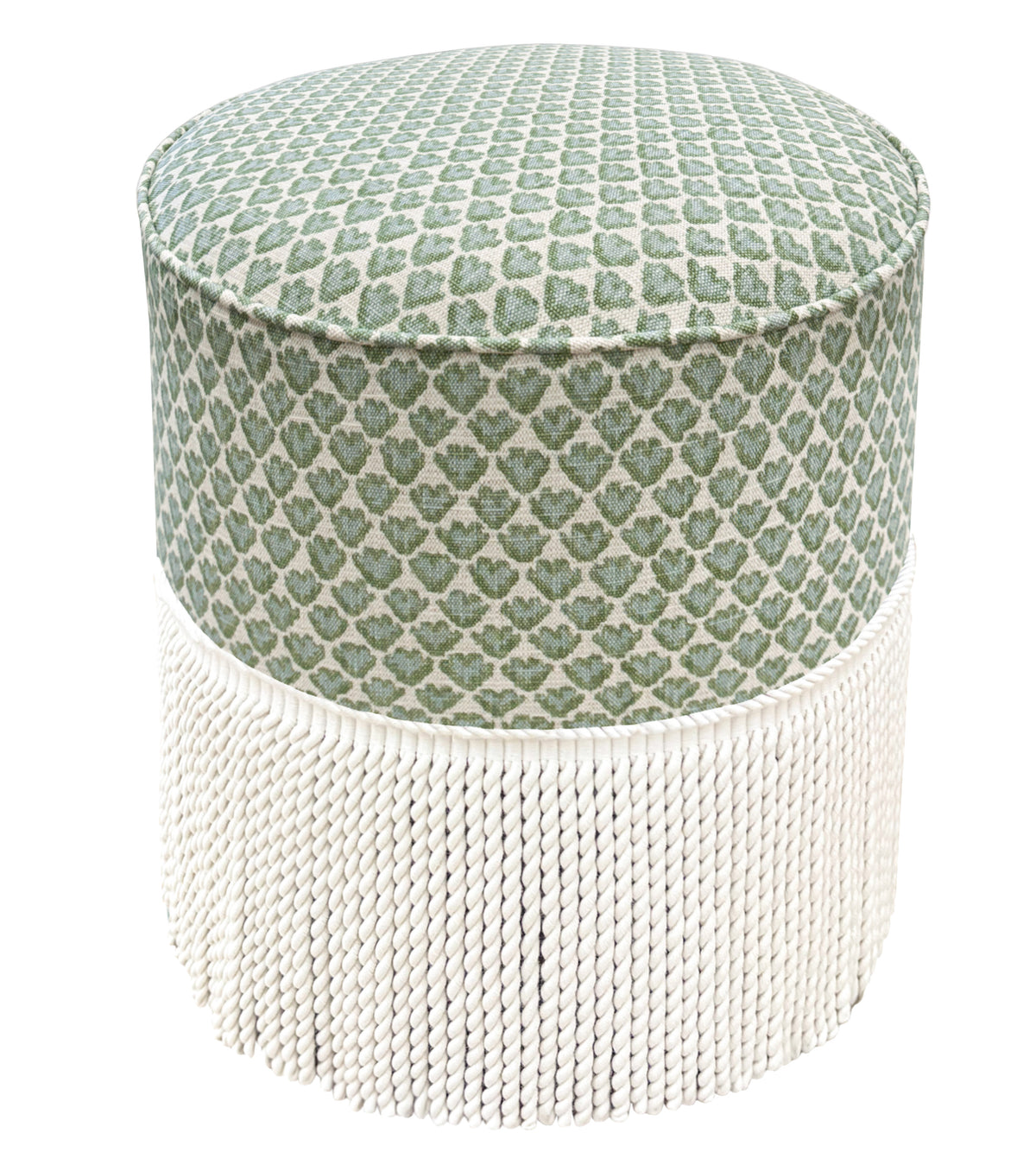 THE TIGHT ROUND OTTOMAN :: SISSY PRINT // SPA BLUE + BULLION FRINGE