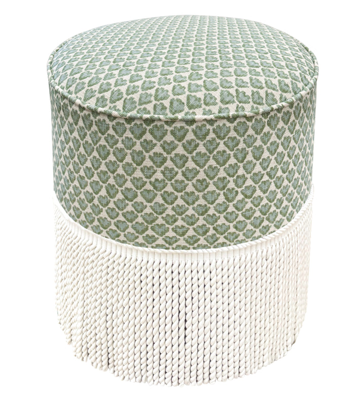 THE TIGHT ROUND OTTOMAN :: SISSY PRINT // SPA BLUE + BULLION FRINGE
