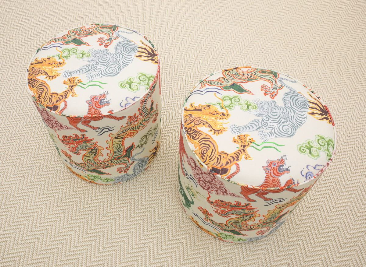 PAIR OF TIGHT ROUND OTTOMANS : MYSTIC TIGER