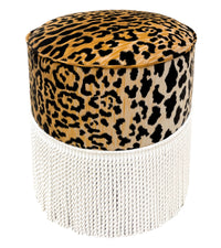 THE TIGHT ROUND OTTOMAN :: LEOPARD VELVET + BULLION FRINGE