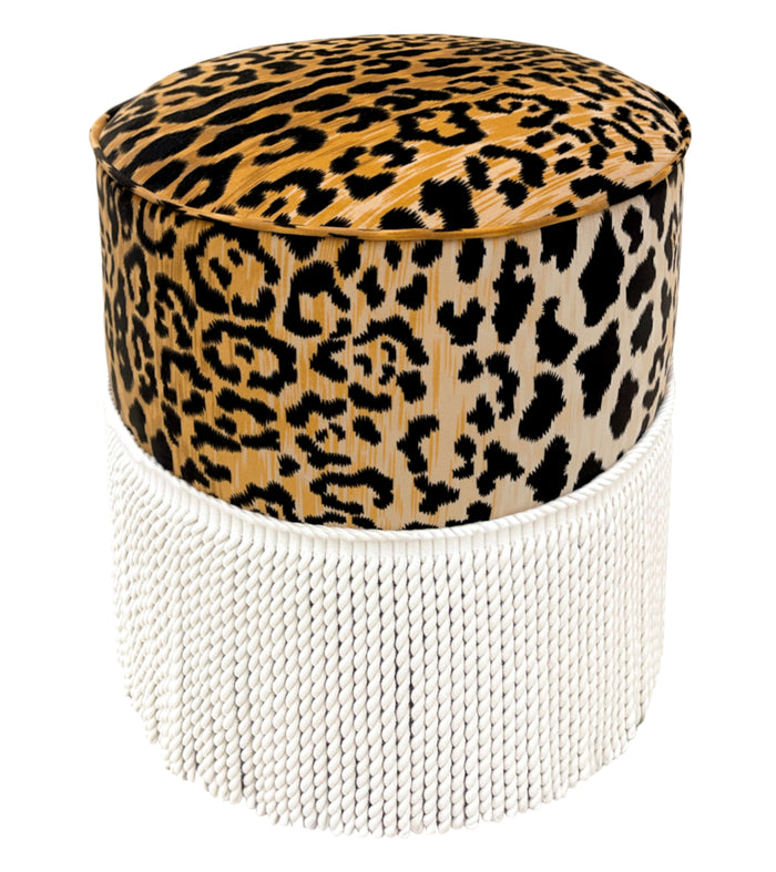 THE TIGHT ROUND OTTOMAN :: LEOPARD VELVET + BULLION FRINGE