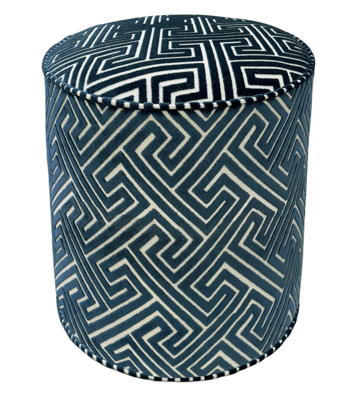 THE TIGHT ROUND OTTOMAN :: ROMAN CUT VELVET // NAVY BLUE