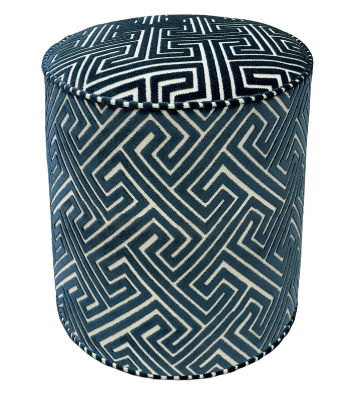 THE TIGHT ROUND OTTOMAN :: ROMAN CUT VELVET // NAVY BLUE