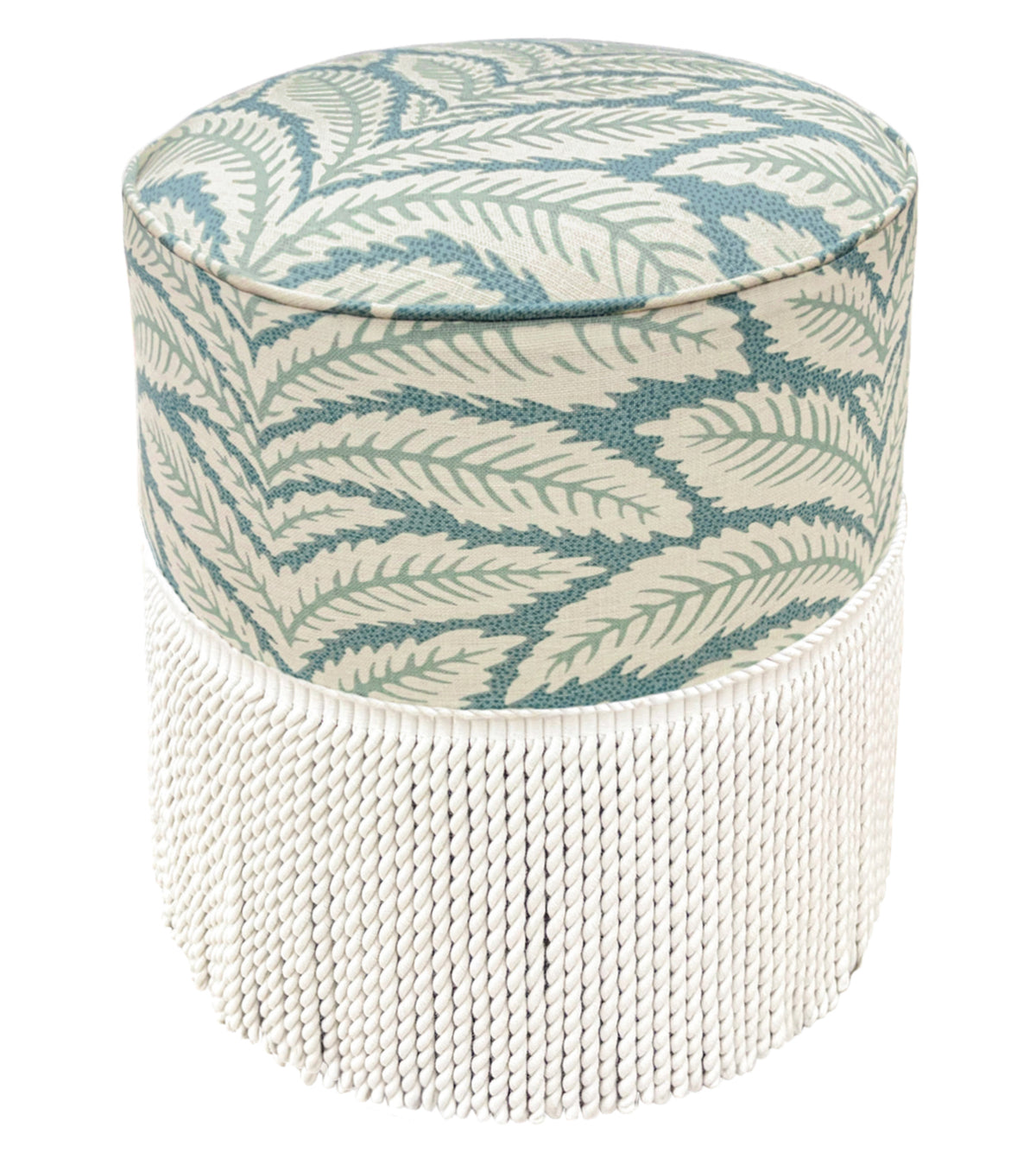 THE TIGHT ROUND OTTOMAN :: TALAVERA LINEN + BULLION FRINGE | BRUNSCHWIG + FILS