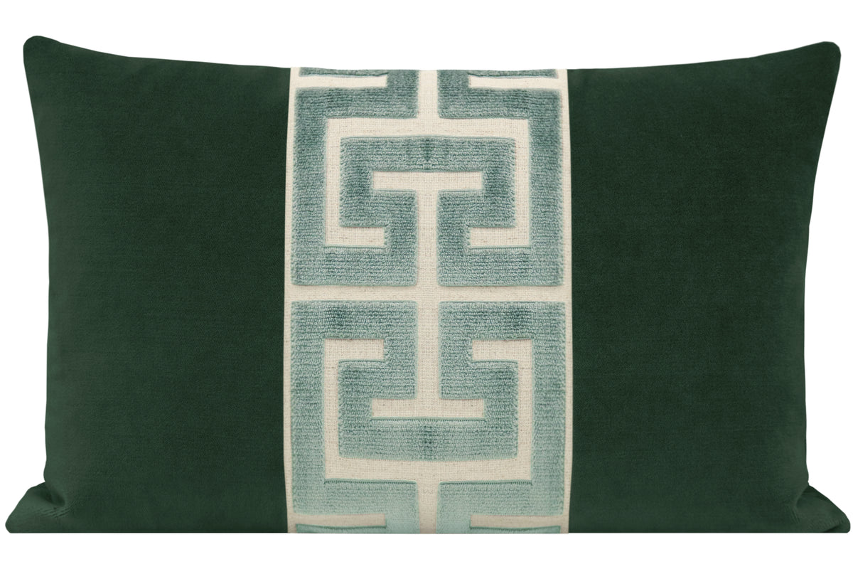 FINAL SALE : 12" X 18" SOCIETY VELVET // EMERALD + TURKISH BLUE GREEK TRIM PILLOW COVER